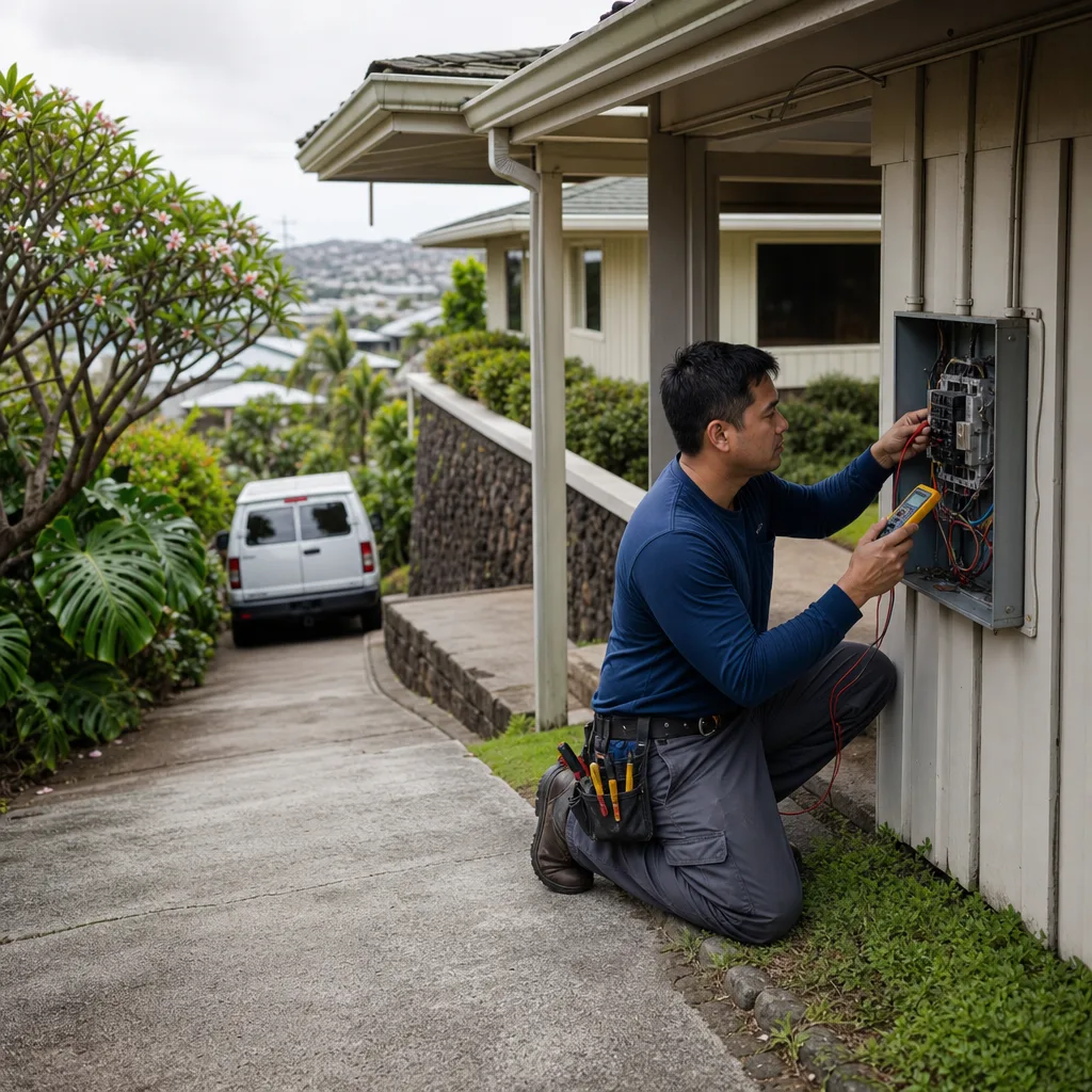Electrician inspecting panel near Maunalani Community Park in Honolulu home