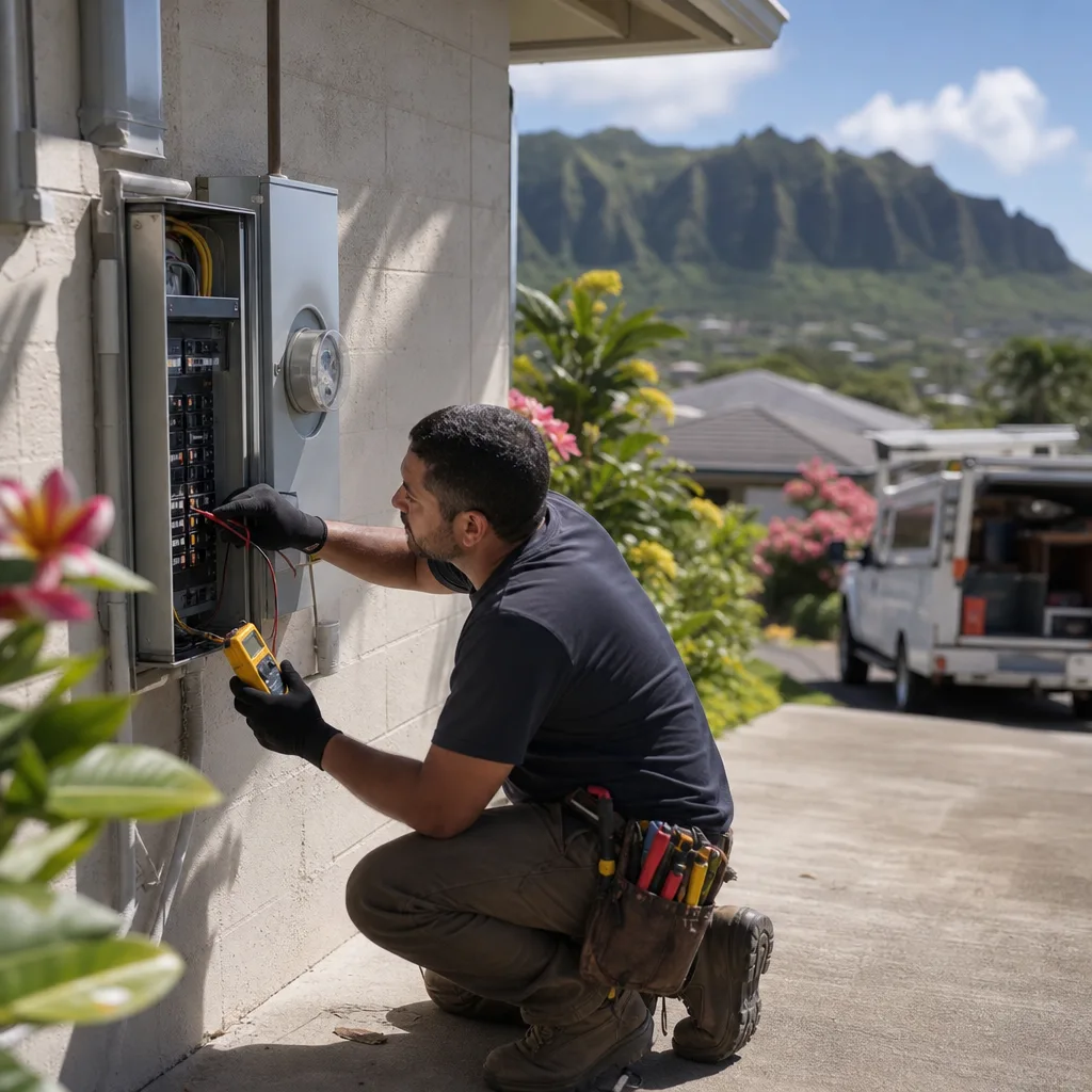 Electrician inspecting home panel near Niu Valley Neighborhood Park in Honolulu