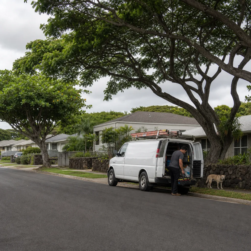 electrician-service-van-niu-valley-park-honolulu-street Electrician service van parked near Niu Valley Neighborhood Park homes in Honolulu